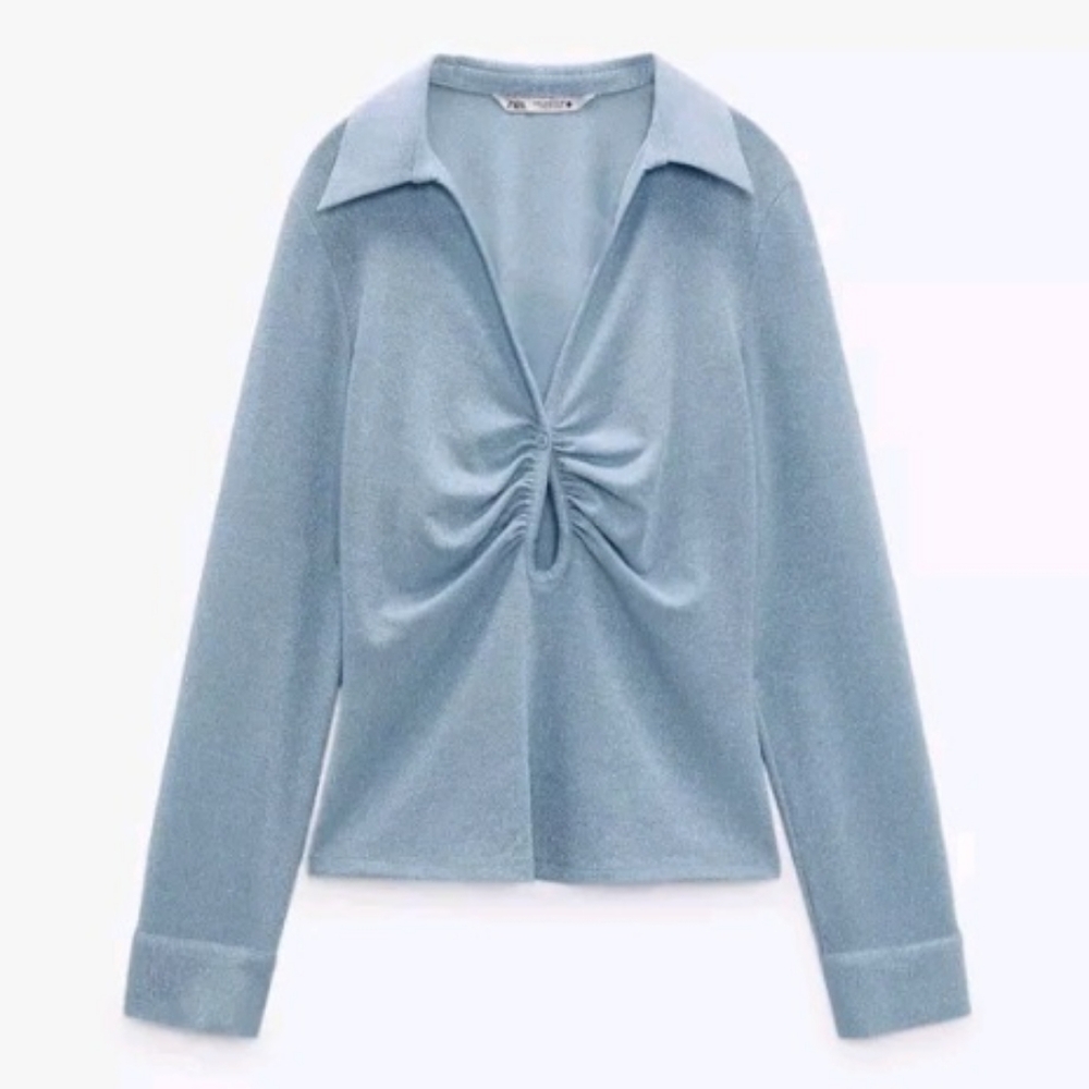 Zara Blue Metallic Long Sleeve Top Shirt Blouse Size Medium Keyhole Ruched NEW